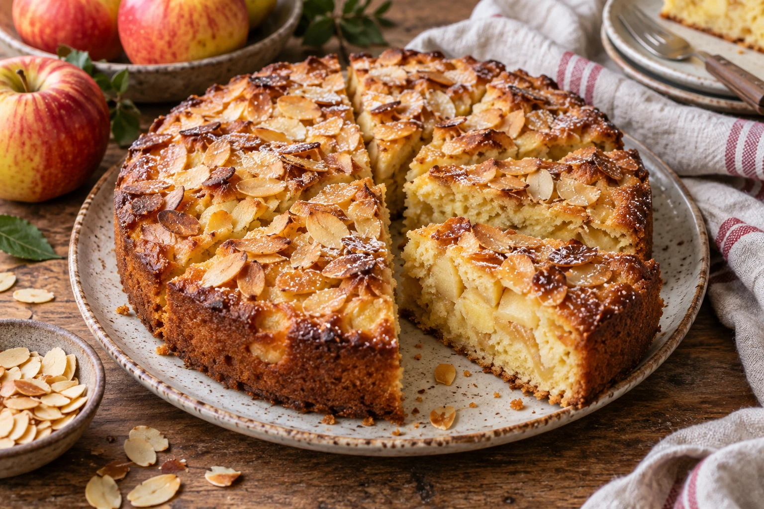 Gâteau pomme amande moelleux coupé en parts avec amandes effilées dorées sur assiette en céramique