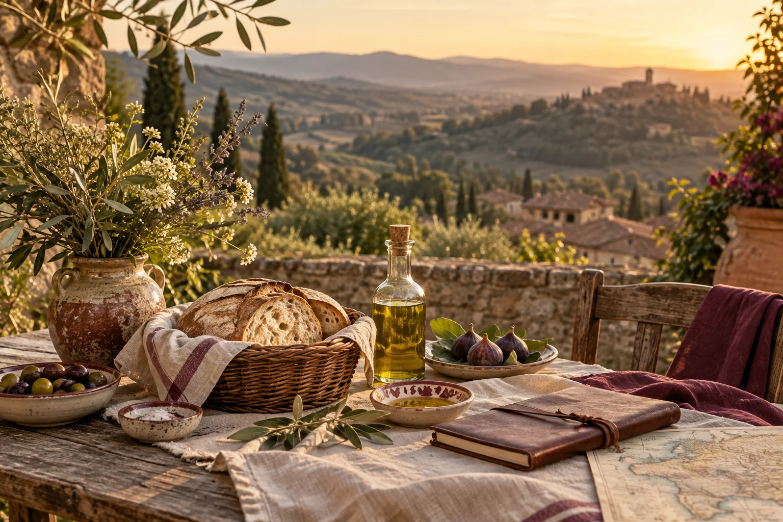 Table dressée en plein air avec pain de campagne, figues, huile d'olive et carnet en cuir, au-dessus d'une vallée au coucher du soleil
